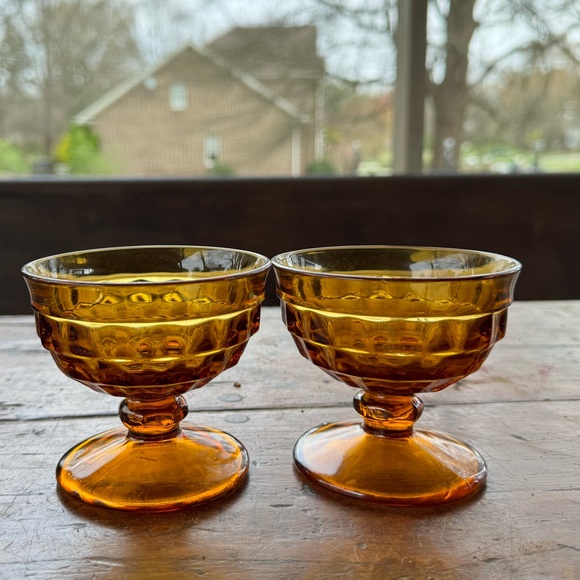 2 Vintage Indiana Amber Glass Whitehall Cubist Footed Sherbet Dish Dessert Bowls - Picture 3 of 4